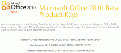 Microsoft Office 2010 Beta Product Keys