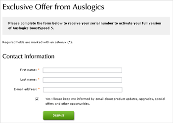 Auslogics BoostSpeed 5 SE  registration form