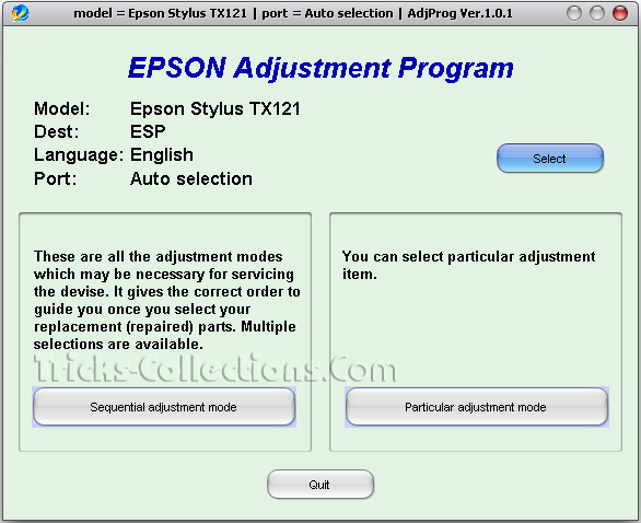 berikut adalah screenshot dari resetter epson tx121 dan epson t1100